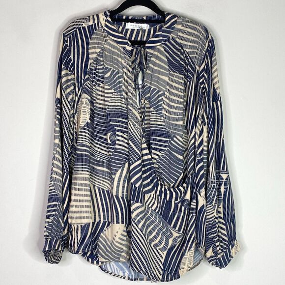 New Mododoc Lunar Blue Combo Leaf Print Faux Wrap Blouse Women's Size Small - Picture 1 of 7